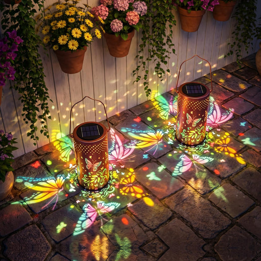 2 Pack - Colorful Butterfly Hanging Solar Lanterns Outdoor Waterproof, Decorative Metal Solar Hanging Lanterns for Porch Yard Tabletop Path Lawn and Garden Decor, Ideal Gifts for Mom Grandma Women