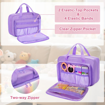 Kids Travel Toy Organizer with Hanging Hook, Storage Bags with Multi-compartments for Child’s Toys, Snack or Other Essentials, Water-resistant Toiletry Carrying Bag, Two Way Zipper, Purple (Bag Only)