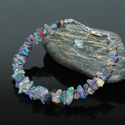CRYSTALIS Black Opal Bracelet, Natural Raw Stones, Fire Play Rough Gemstones, Chakra Healing Crystals, Gift Giving Jewelry, Rhodium 925 Sterling Silver Women Bracelet 8 inch