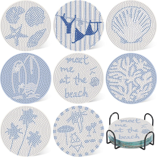 Beach Diamond Art Coasters Kit, 8 Pcs Beach Diamond Painting Coasters with Holder, 5D Gem Art Kit Easy Crafts, Non Slip Coaster for Home Decor Gift