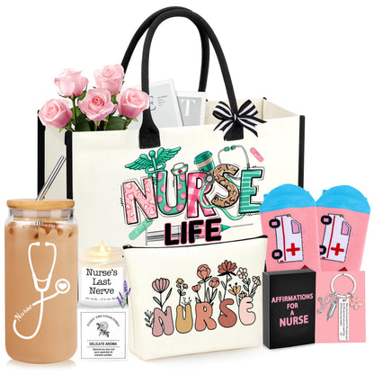 DOGMEM Nurse Gifts Nurse Appreciation Gift Set for Women Birthday Gift for Nurses Week Nurses Graduation Gifts for Her, Nursing Student with Canvas Bag Socks Affirmations Cards 16 Oz Can Glass