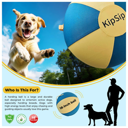 KipSip Herding Ball for Dogs – 18” Dog Training Ball with Handles for Medium & Large Breeds – Non-Chew Interactive Toy for Aussies, Heelers & Collies – Outdoor Exercise & Mental Stimulation Toy