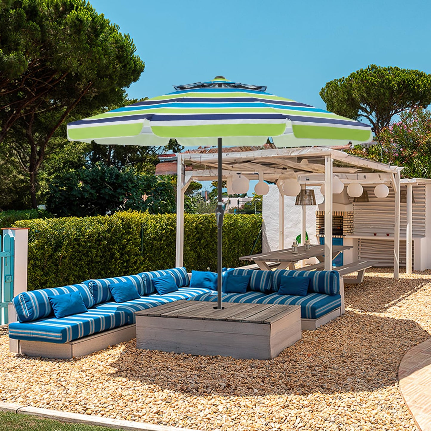 JEAREY 9' 2-Tiers Patio Umbrellas Outdoor Market Table Umbrella w/Push Button Tilt/Crank, 8 Sturdy Ribs, UV Protection Waterproof Sunproof(Bold Blue-Green Stripe)