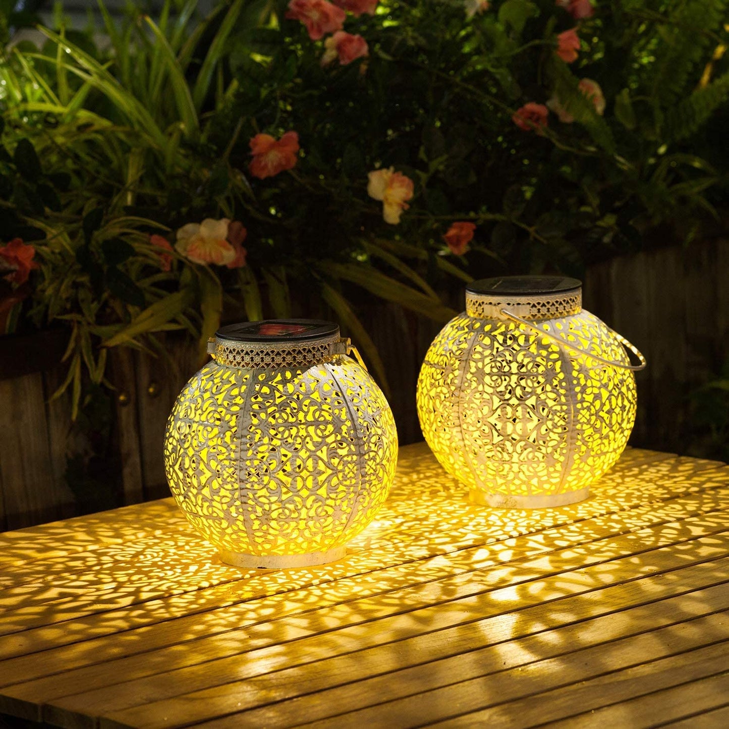 TAKE ME 2 Packs White Solar Lanterns Outdoor Waterproof Garden Laterns Metal Retro Lights for Mothers Gifts Mom Wife Grandma Birthday Gifts (White Set of 2)