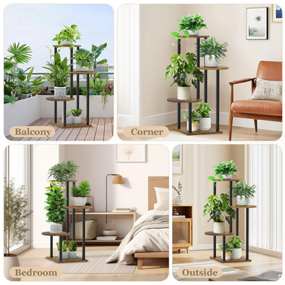 SMFANLIN 4 Tier Plant Stand Indoor, Metal Wooden Tall Plant Shelf Flower Pot Stand for Multiple Plants, Corner Flower Holder Plant Display Rack for Living Room Balcony Patio Garden (Rustic Brown)