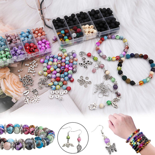 EuTengHao 1146Pcs Lava Beads Round Loose Marble Beads Ink Patterns Chakra Beads with Spacer Beads Pendants Jewelry Findings for Adult DIY Bracelet Necklace Earring Jewelry Making Crafts