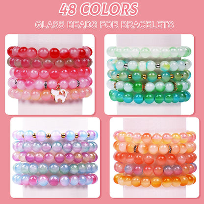 Wuollgess 1700Pcs 8mm Glass Beads for Jewelry Making,Round Bracelet Making Kit in 48 Colors with Gold Silver Spacer Beads, Charms & Elastic String, Friendship Bracelet Bead Kit for Adults and Crafters