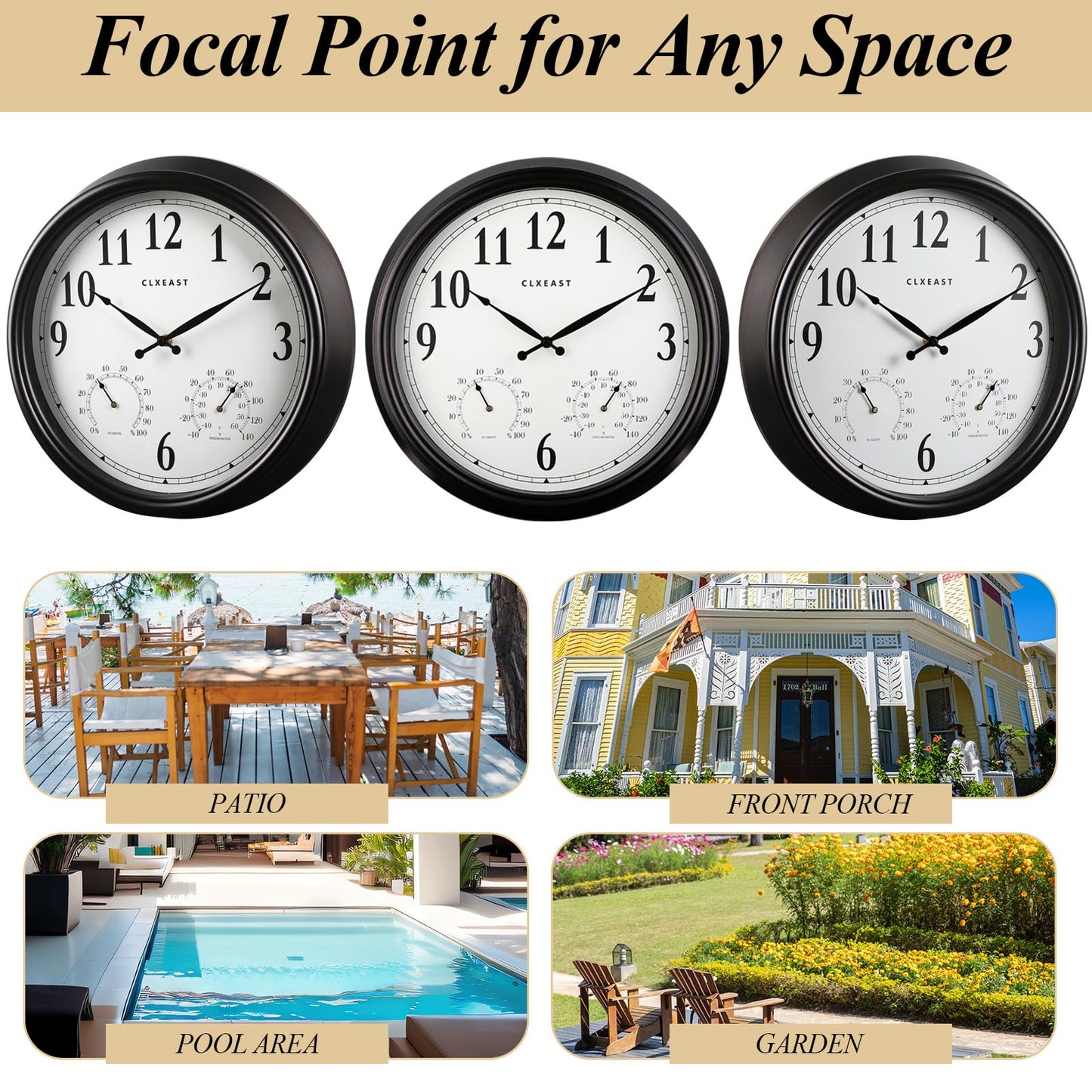 CLXEAST Outdoor Clocks for Patio Large Waterproof with Thermometer,18 inch Outdoor Wall Clock with Temperature and Humidity Combo,Weatherproof,Oil Rubbed Bronze,Spring Garden Decor