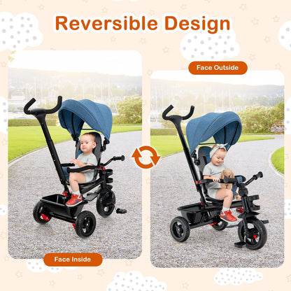 GLACER Tricycle, 5 in 1 Toddler Bike with Adjustable Push Handle, Removable Canopy, Reversible Seat, Safety Harness, EVA Wheels, Cup Holder & Storage Basket, Baby Tricycle for Age 1.5-5 Years (Blue)
