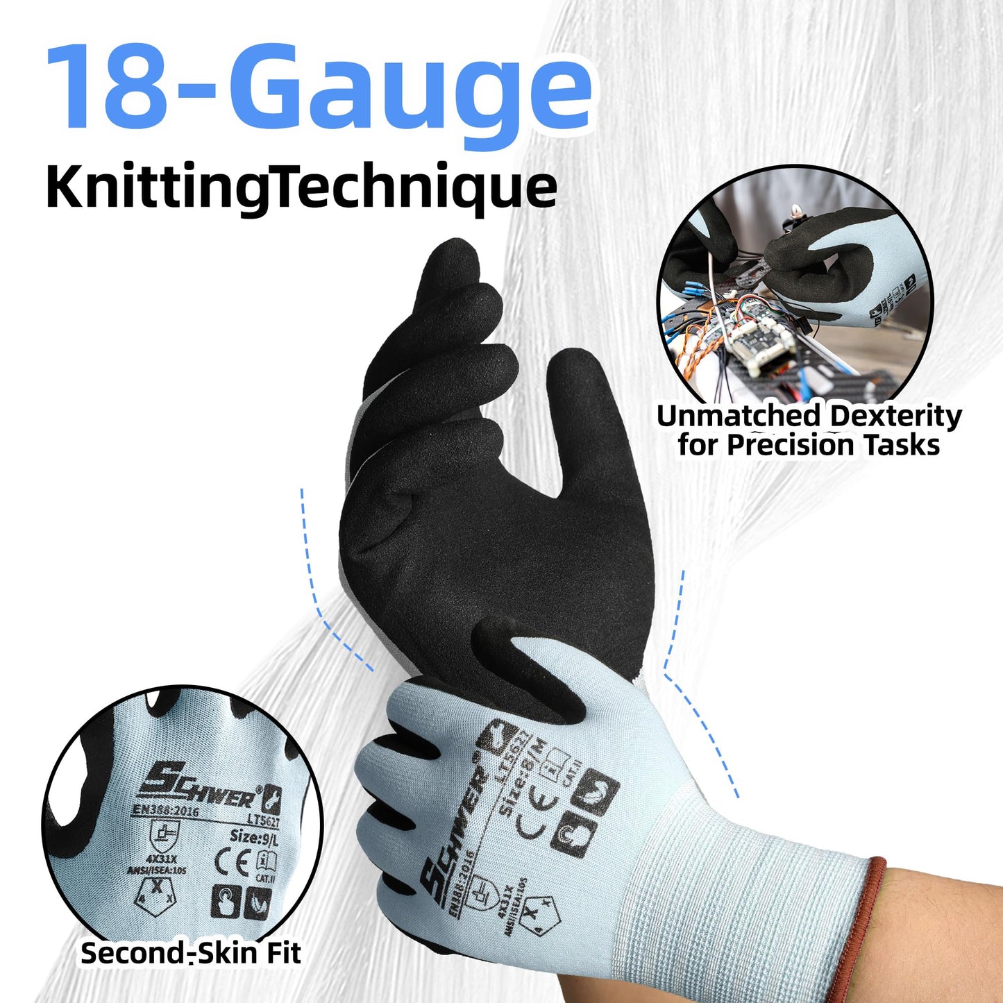 Schwer 6 Pairs Safety Work Gloves with Sandy Nitrile Coating, Extreme Fiber-Abrasion Resistance(Level 6-Certified) Heavy Duty Working Glove with Grip for Men Women, A2 Cut Glove, for Construction, M
