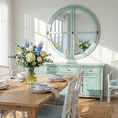 Pocetry 30" Round Window Mirror, Solid Wood Faux Windowpanes Wall Decor with Shatterproof Glass, Distressed Teal Coastal Farmhouse Accent Mirror for Entryway, Living Room, or Dining Room