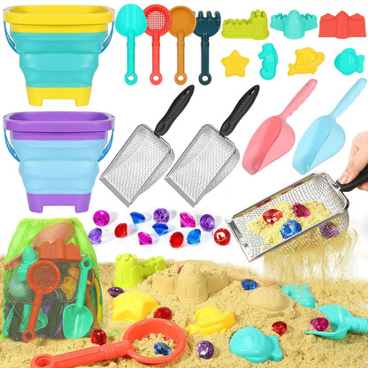 Beach Sand Toys for Kids,Sand toys with 2 Collapsible Beach Bucket,2 Beach Sifter Shovel,Sand Shovel Set,Sand Castle Kit,Sea Animal Molds,Diving Gem Pool Toy,Mesh Bag Travel Toys for Toddler 3-10