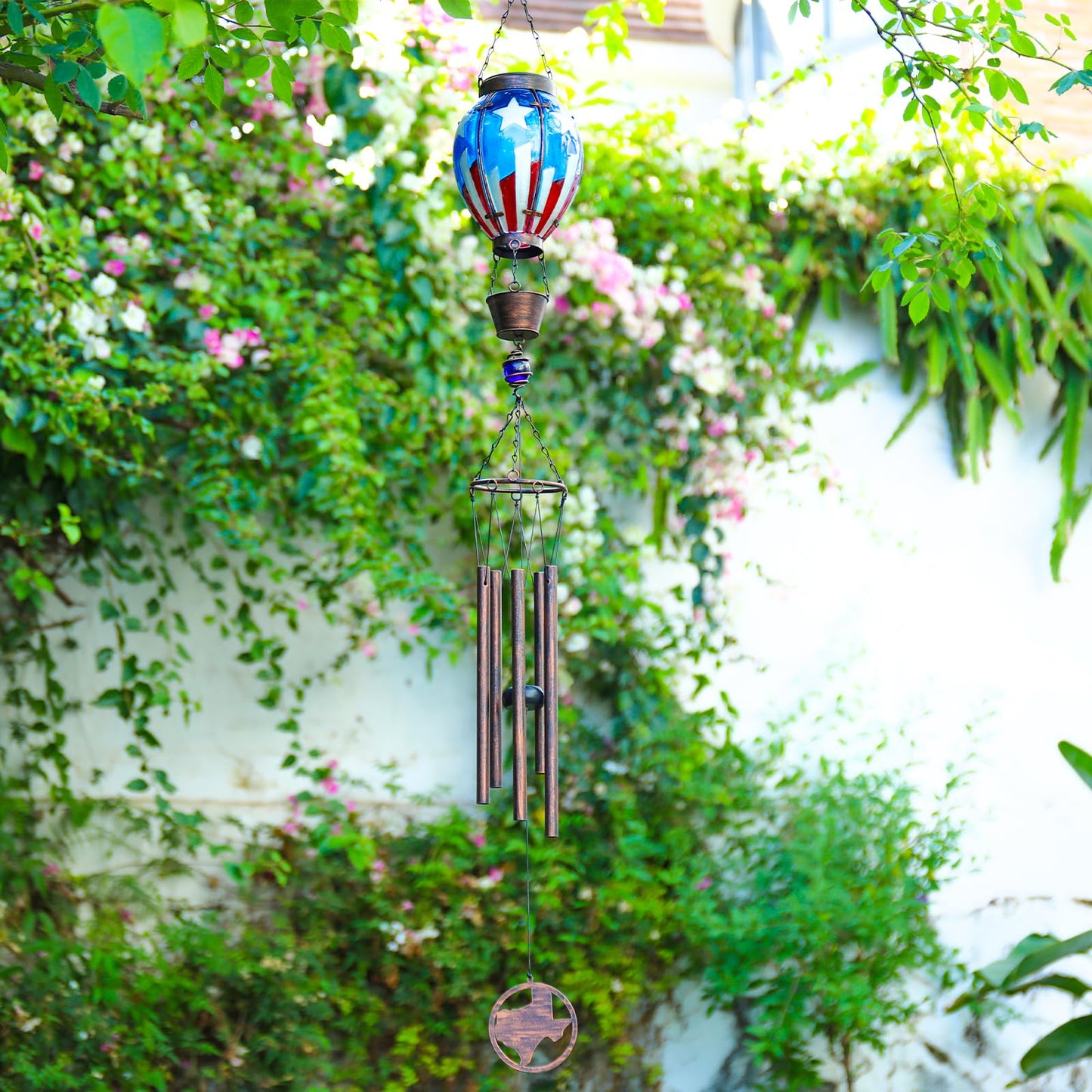 MUMTOP Solar Wind Chimes for Outside - American Flag Hot Air Balloon Wind Chimes Outdoor Unique, Glass Windchimes Clearance for Garden, Patio,Yard Decor Gift