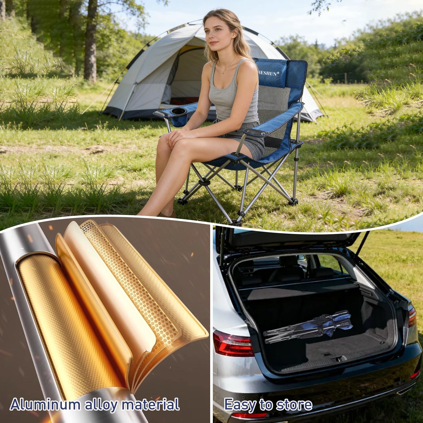 sanheshun Zero Gravity Chair, Reclining Camping Chair with Padded Pillow, Cup Holder, Storage Pocket & Carry Bag, 4-in-1 Portable Camping Recliner for Outdoor, Beach, Garden, and Backyard - Blue Mesh