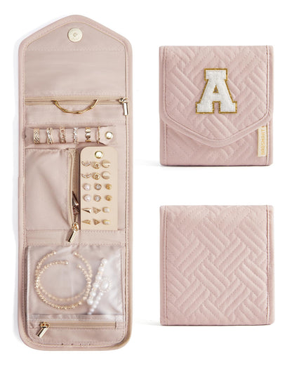 BAGSMART Travel Jewelry Organizer Case A Initial Foldable Jewelry Roll for Journey Rings, Necklaces, Earrings, Bracelets,Mini,Letter A,Soft Pink
