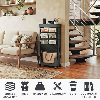 yeavs 5-Tier Mobile Bookshelf, Rolling Bookcase Book Storage Rack, Movable File Folder Organizer Cart with Wheels for Home Study Office Living Room Classroom, Black