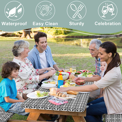 misaya Picnic Table Cover with Bench Cover, Waterproof Elastic Fitted Tablecloth for 6 Foot Tables, Rectangle Washable Polyester Tablecloths for Picnic, Camping, Outdoor (Black, 30" x 72")