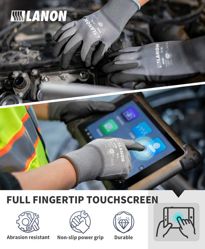 LANON 18 Pairs Safety Work Gloves, Mechanic Working Gloves for Men,Breathable PU Coated, Seamless Knit,Double Wash, Grey, Large