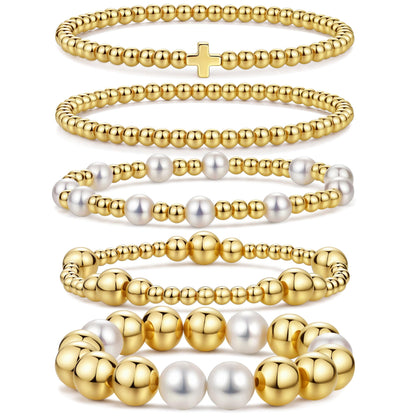 Qiuseadu Chunky Gold Beaded Stack Bracelets Beads Ball Cross Colorful Statement Bracelets Set for Women (Classic Gold Cross)