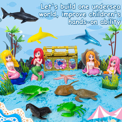 Bloolilies Sensory Bin, 57Pcs Ocean Mermaid Sensory Bins for Toddlers Sand Art Kit Sea Animals Molds Sandbox with Cover, Kids Play Sand Toys Playsand Birthday Gift for Boys Girls 3-5 6 7 8