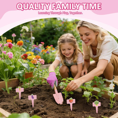 Cossy Kids Gardening Set, 13PCS Garden Tool Kit for Kids and Toddlers Boys Girls, Includes Tote Bag, Watering Can, Shovels, Rake, Kids Gardening Gloves, Apron and More, Pink