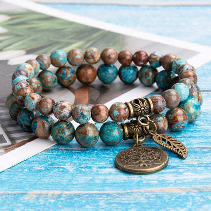 Bivei Natural Semi Precious Gemstone Beads Bracelet for Women - Life Tree and Leaf Charm Chakra Energy Anxiety Stretch Bracelets(Blue Lace Agate Beads)