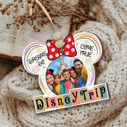 Family Vacation Trip Wooden Photo Ornament – Ears with Bow Design, “Dreams Do Come True” Family Vacation Magic Kingdom Keepsake, Rustic Holiday Decoration with Photo Frame