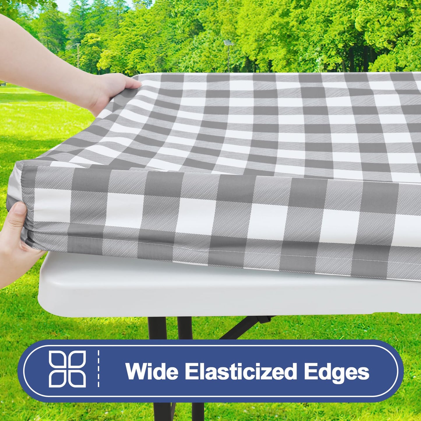 Smiry Picnic Table Cover with Bench Covers, Waterproof Elastic Fitted Tablecloths for 6 Foot Rectangle Tables, Washable Buffalo Plaid Tablecloth for Camping, Outdoor (Grey & White, 30"x72")