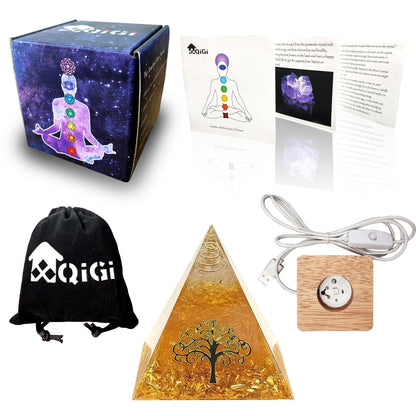 XQIGI Citrine Meditation Orgone Pyramid with Light Base– with Tree of Life – Ideal Chakra Crystal for Optimism Positivity Financial Abundance Luck Wealth Succes