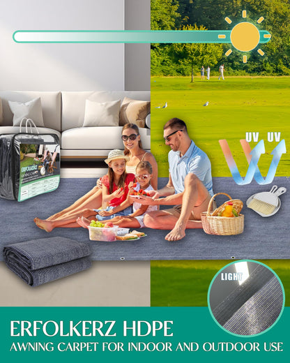 Erfolkerz Awning Carpet HDPE Outdoor RV Rug,Blue-Grey 9'*6' Waterproof Camping Rugs with Eyelets/Broom/Carry Bag/Nails,Highly Robust & Washable,Large Outdoor Area Mat for Patio/Backyard/Picnic/Beach