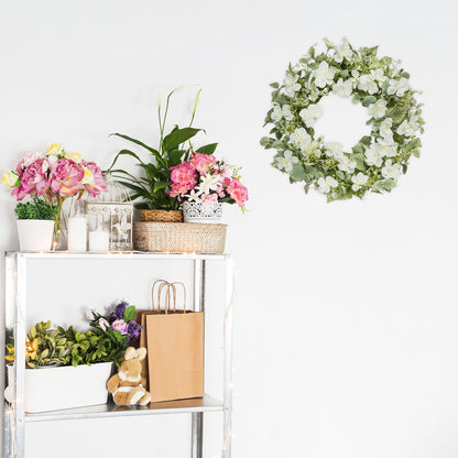 YNYLCHMX 18" Spring Summer Wreaths for Front Door, Artificial Floral Wreath with White Rose Flowers Green Eucalyptus Leaves, Green Foliage Wreath for Wall Window Farmhouse Party Holiday Home Decor