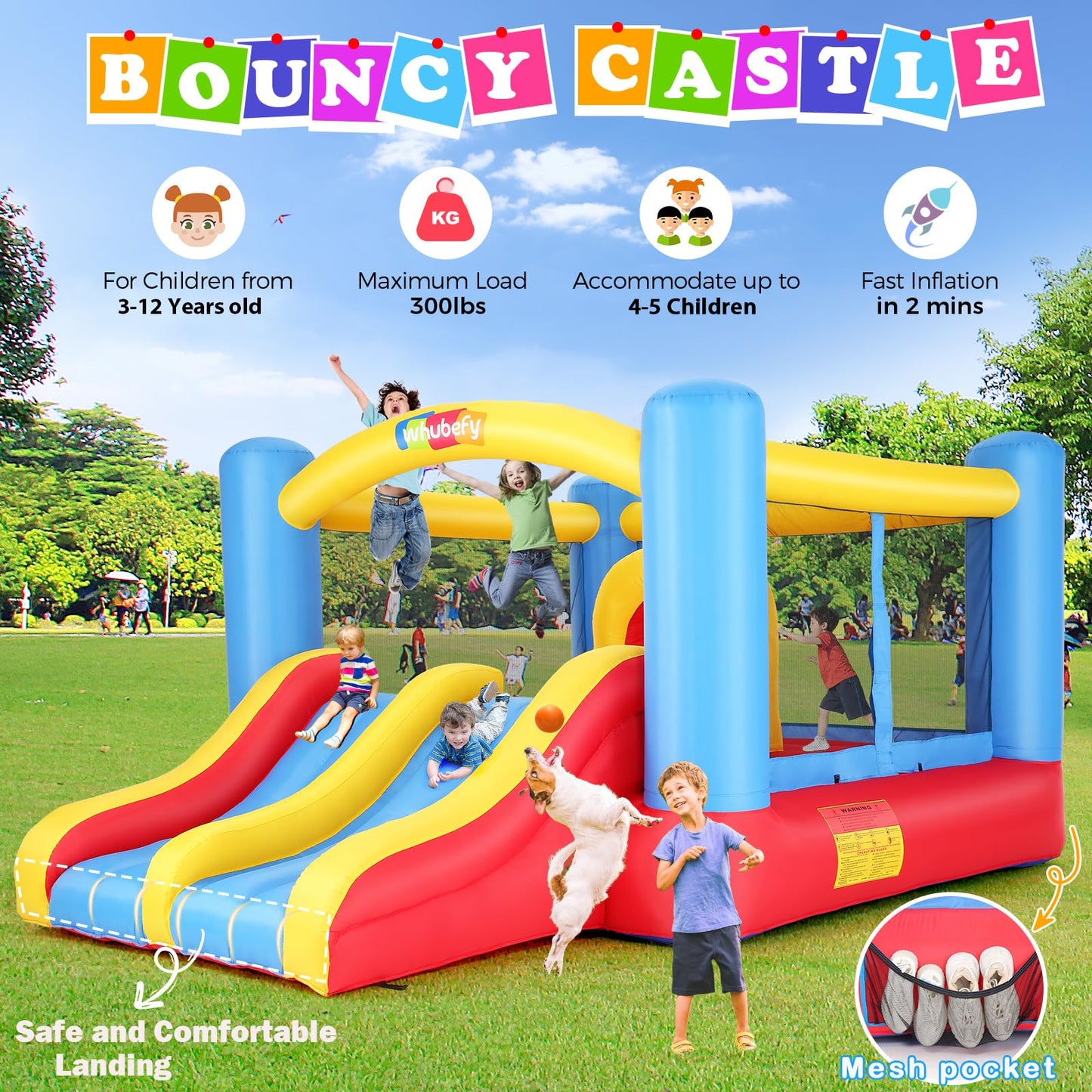 Whubefy Bounce House for Kids 3-6 Big Kids 8-12, 12.6FTx9FT Inflatable Bounce House with Blower Double Slide Obstacle, Indoor Outdoor Blow up Bouncy Castle Jump House for Family Backyard Party Gift