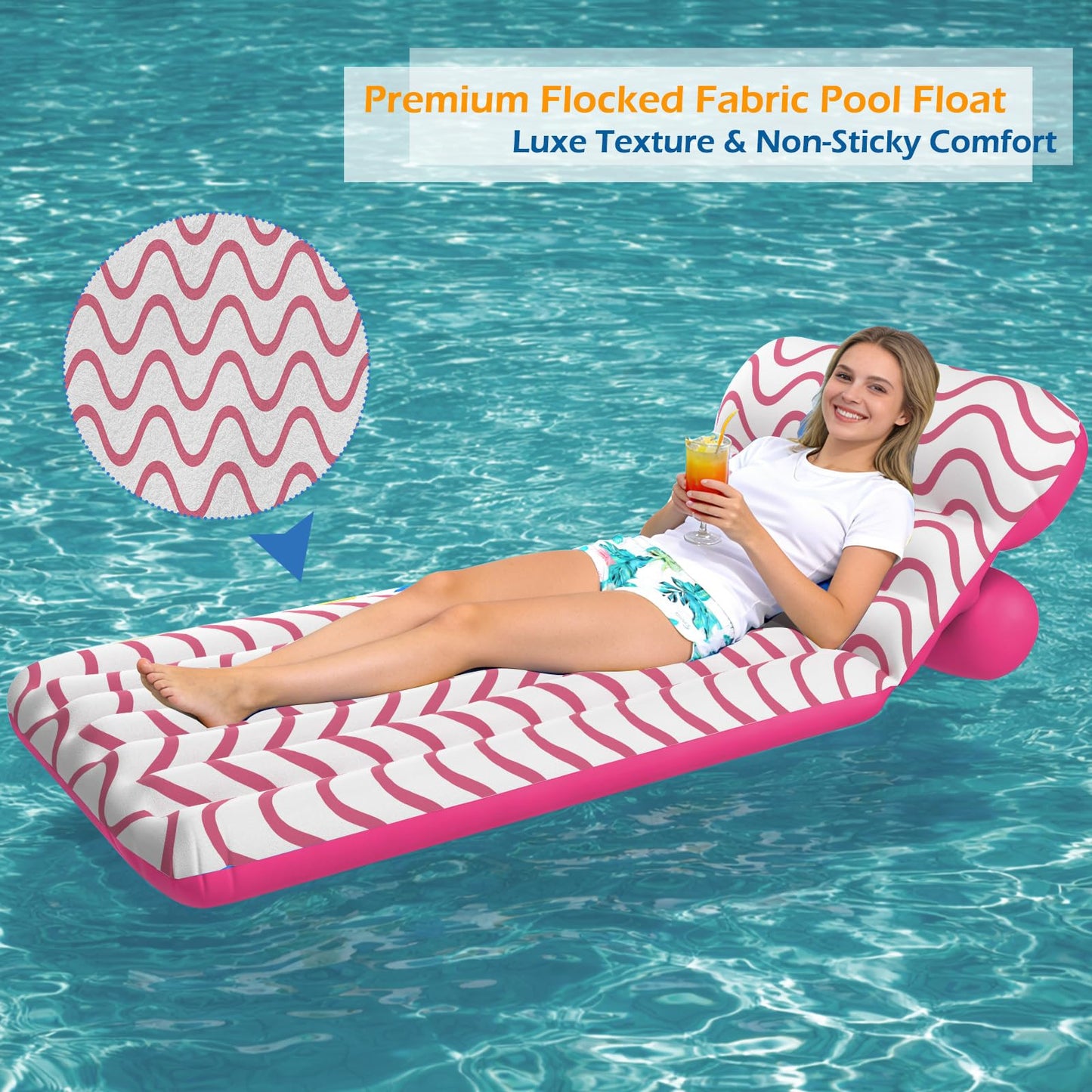 Jasonwell Inflatable Pool Float Adult - Ultra-Comfort Soft Fabric Pool Floaties Lounge Floats Floating Chair Raft with Adjustable Backrest Air Water Lounger Tanning Float for Pool Beach Party (Wave)
