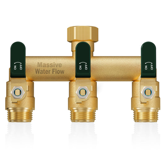 LNEZCDB 3 Way Hose Splitter, Heavy Duty Full Flow Garden Water Hose Bib Spigot Splitter, Brass Rust and Freeze Resistant Outdoor Faucet Splitter, T Adapter Connector with 3/4 - Inch GHT Thread （Green）