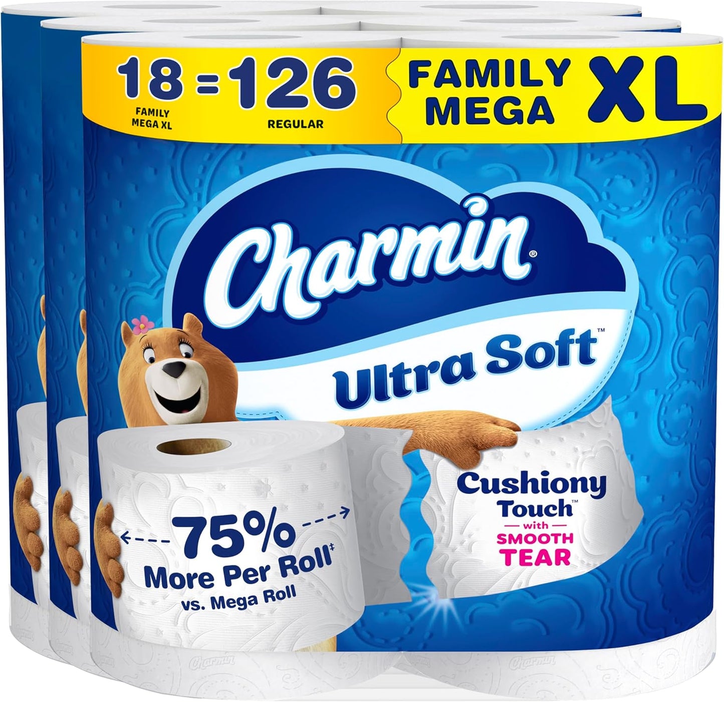 Charmin Ultra Soft Cushiony Touch Toilet Paper, 18 Family Mega XL Rolls = 126 Regular Rolls