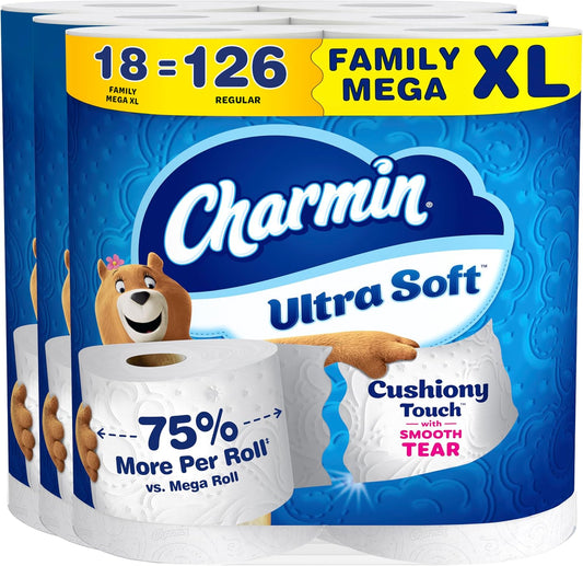 Charmin Ultra Soft Cushiony Touch Toilet Paper, 18 Family Mega XL Rolls = 126 Regular Rolls