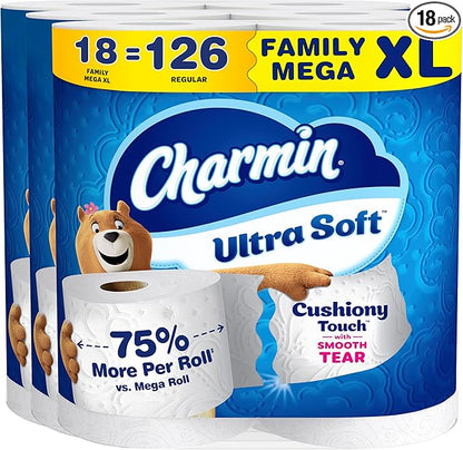 Charmin Ultra Soft Cushiony Touch Toilet Paper, 18 Family Mega XL Rolls = 126 Regular Rolls