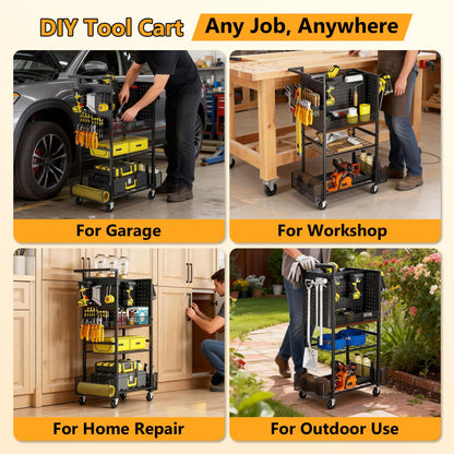 Tool Cart on Wheels, 4-Tier Metal Rolling Utility Cart with Pegboard & Storage Baskets, 242.5 lbs Heavy Duty Tool Storage Organizer for Garage, Workshop and DIY Projects