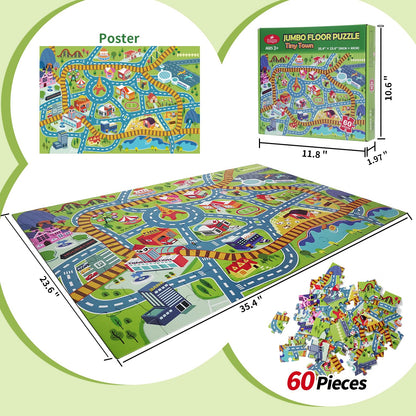 Beeqoo City Adventure Giant Floor Puzzle for Kids Ages 3-8 - 60 Piece Large Piece Puzzles- Town Map with Race Tracks & Train Tracks - Storytelling Educational Preschool Toy for Toddlers Ages 3+