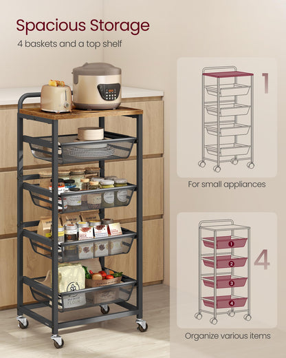 VASAGLE Storage Rolling Cart with Pull-Out Baskets, 5-Tier Utility Cart Orgnizer with Wheels for Laundry Room, Kitchen, Handle, 12.5 x 15.8 x 37.4 Inches, Rustic Brown and Ink Black ULRC041K01