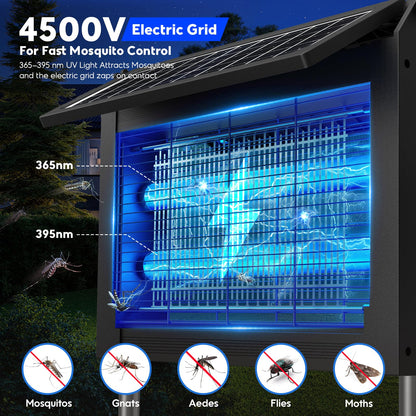 Solar Bug Zapper Outdoor, 4500V Electric Mosquito Zapper with Dual Solar Panels & USB Charging, Auto On/Off Mosquito Killer, IPX5 Waterproof Fly Trap for Backyard Patio Garden Camping, 2100 Sq Ft