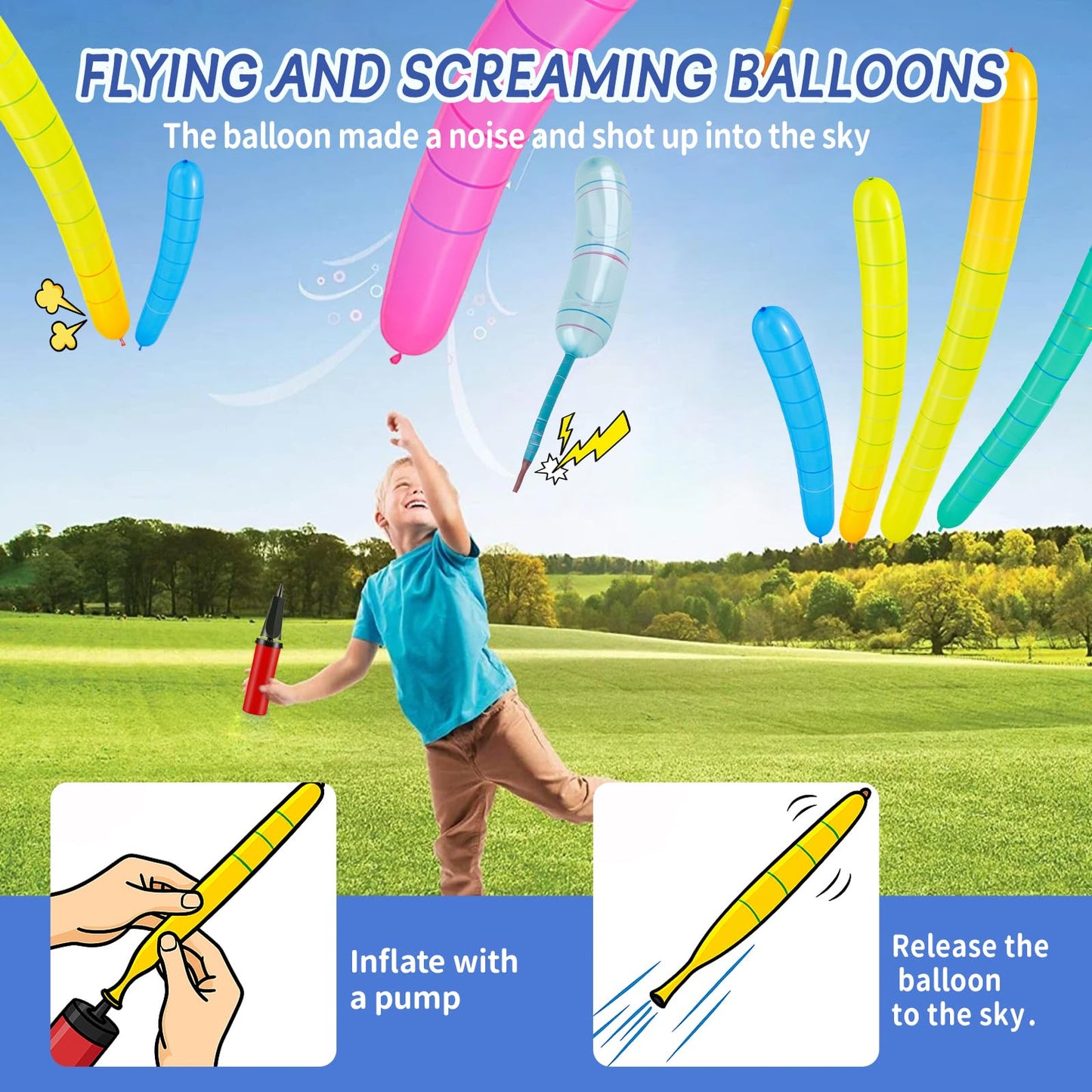 Nautydaddy Rocket Balloons with 2 Pumps 100pcs Whistling Flying Rockets + 5 Helicopter Balloon Toys, Screaming Air Rocket Set for Kids, Outdoor Party Games and Birthday Gifts