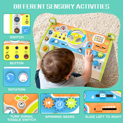 Yuyctwg Montessori Busy Board Car Steering Wheel Toy for Toddlers 1-3, Wooden Sensory Activity Board with Light Sound, Educational Toys for Fine Motor Skills, Birthday Gift for Boys Girls