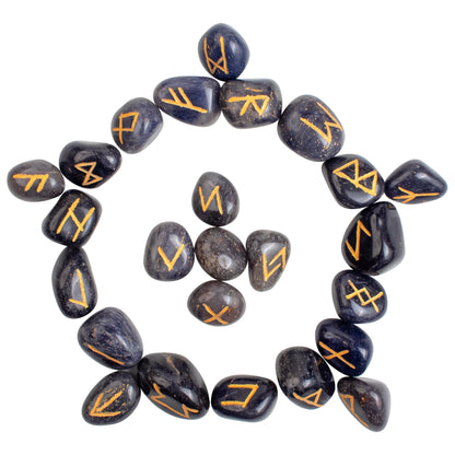 Crocon Blue Jade Rune Stones Set Engraved with Elder futhark Crystal Runes Set Reiki Healing runas for Meditation Chakra Balancing Stone for Beginners Crystal Guide & Pouch 15-20 mm