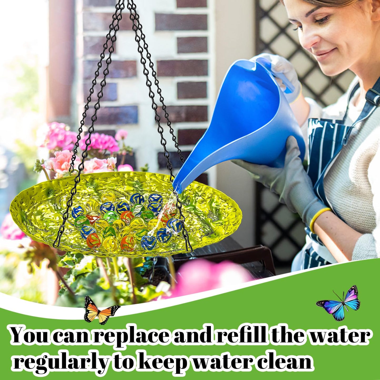 Bee Watering Station for Outside, Hanging Bee Butterfly Feeder for Garden, Metal Butterfly Puddler with Stone Texture Bee Drinking Bowl with Glass Marbles for Outdoors Yard Decor (Hanging-Ellipses)