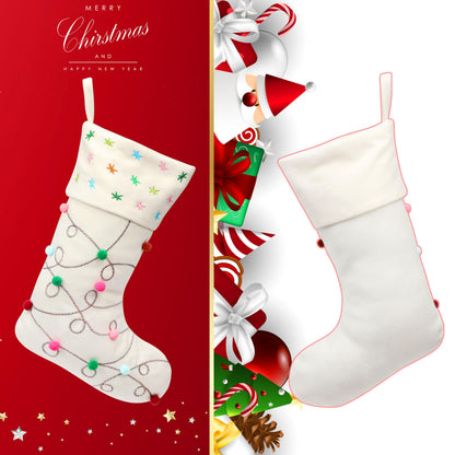 Hopearl Pom Pom Christmas Stocking Boho Style Socks Ultra Soft Stockings Ornament Luxury Gift Bags for Family Xmas Tree Party Supplies, Cream, 18''
