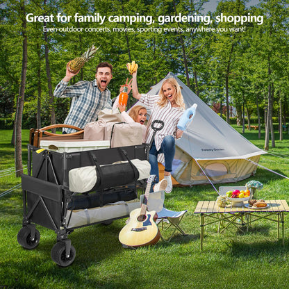Double Decker Wagon Heavy Duty Collapsible, 600LBS 400L Capacity Foldable Utility Cart with Big Wheels for Beach, Outdoor, Camping & Gardening, Durable Steel Frame