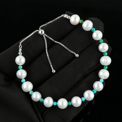 CRYSTALIS Natural Turquoise And Freshwater Pearl Beaded Bracelet, Elegant Beads Crystal, Chakra Bracelet, Healing Bracelet, Gemstone Jewelry, Friendship Bracelet, 925 Sterling Silver Slider 10 inch