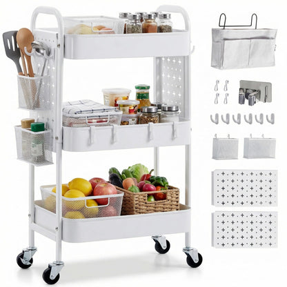 YanKiTour 3 Tier Rolling Cart with DIY Pegboards & Mop Holder, Metal Utility Cart with Wheels, Hooks and Bins, Storage Organizer for Bathroom, Laundry, Kitchen, Office, Craft Room (White)