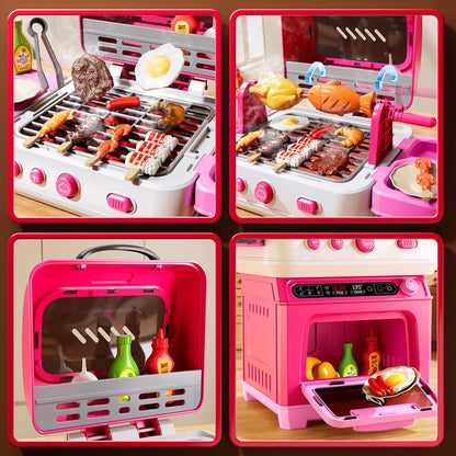 KIZONLY Kids BBQ Grill Playset Toy, 2-Layer Play Kitchen Toddlers Toys with Oven and Smoke, Cooking Toys for Kids Ages 4-8, Light and Sound, Barbecue Outdoor Grill Play Gift Toy for Toddler Girls 3-5